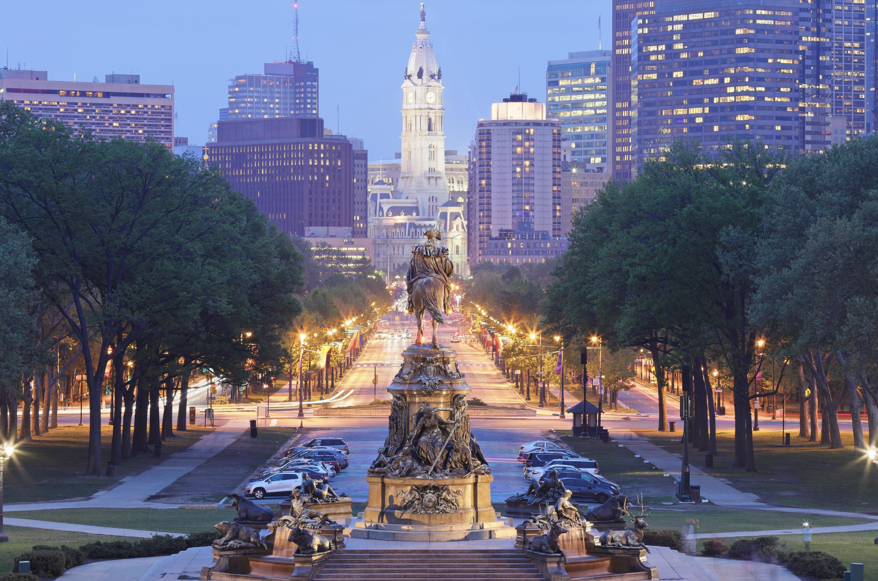 Philadelphia's Benjamin Franklin Parkway and City Hall at dusk